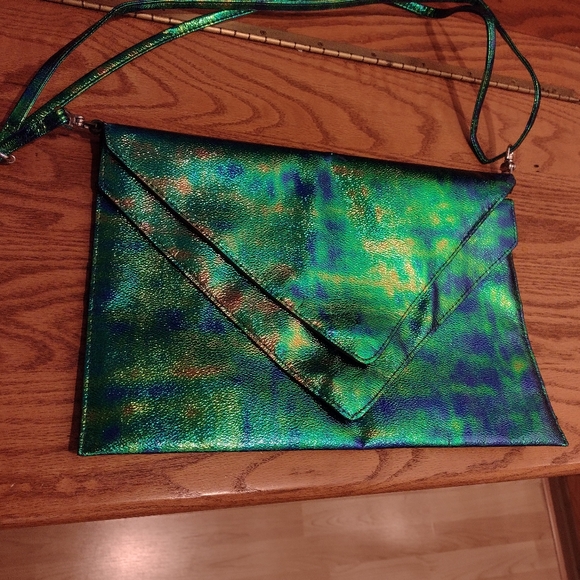 H&M Iridescent Blue Green Clutch/Messenger Handbag Purse with Strap - Picture 10 of 10
